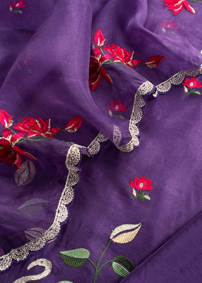 Pure handloom kora silk suit with resham embroidery

