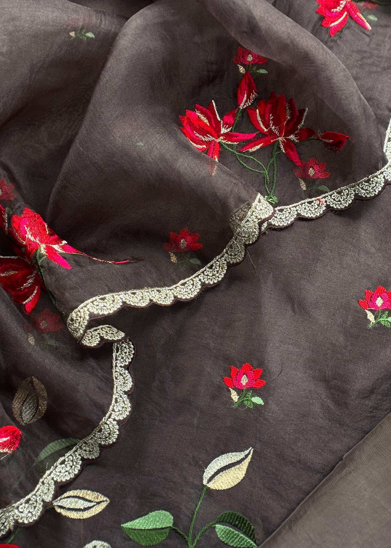 Pure handloom kora silk suit with resham embroidery

