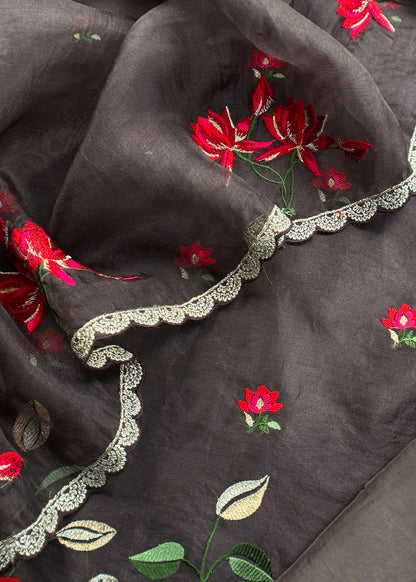 Pure handloom kora silk suit with resham embroidery

