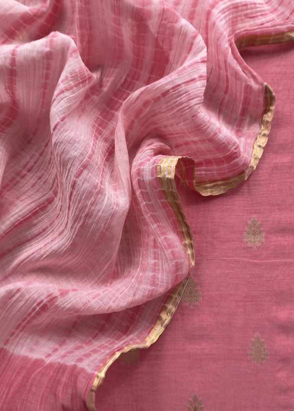 Pink Banarasi Chanderi Handloom Suit Set With Shibori Dupatta