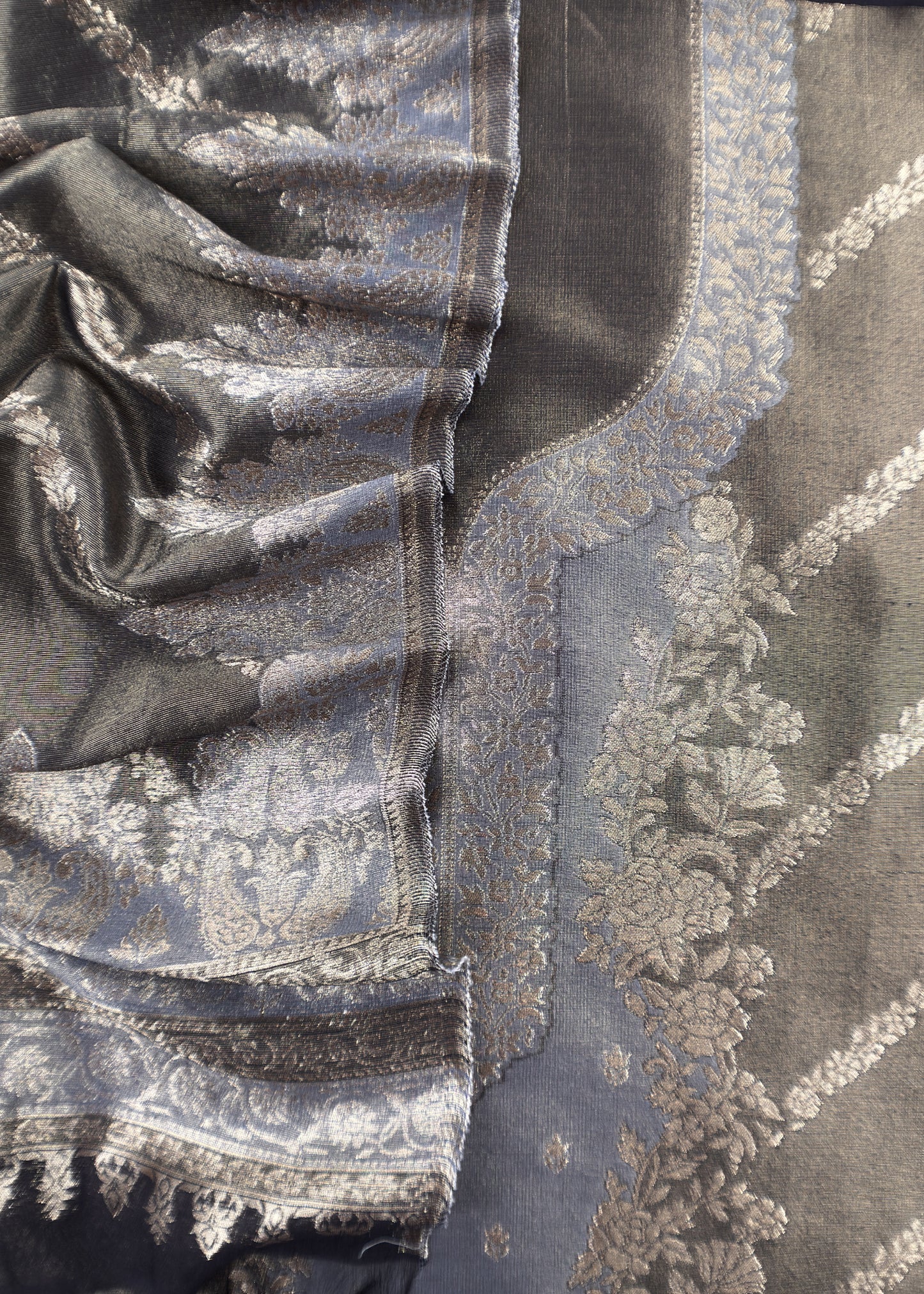 Charcoal Grey Pure Tissue Silk Unstitched Suit With Zari Weaving