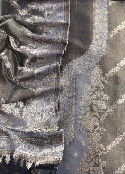Charcoal Grey Pure Tissue Silk Unstitched Suit With Zari Weaving
