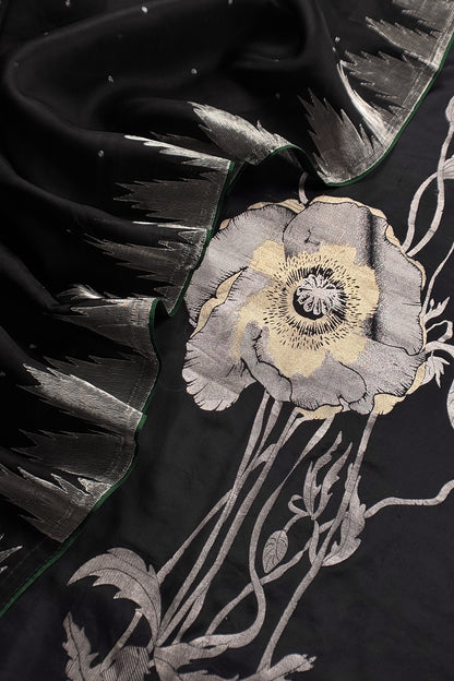Black Handloom Silk Suit With Organza Dupatta In Kadwa Motif