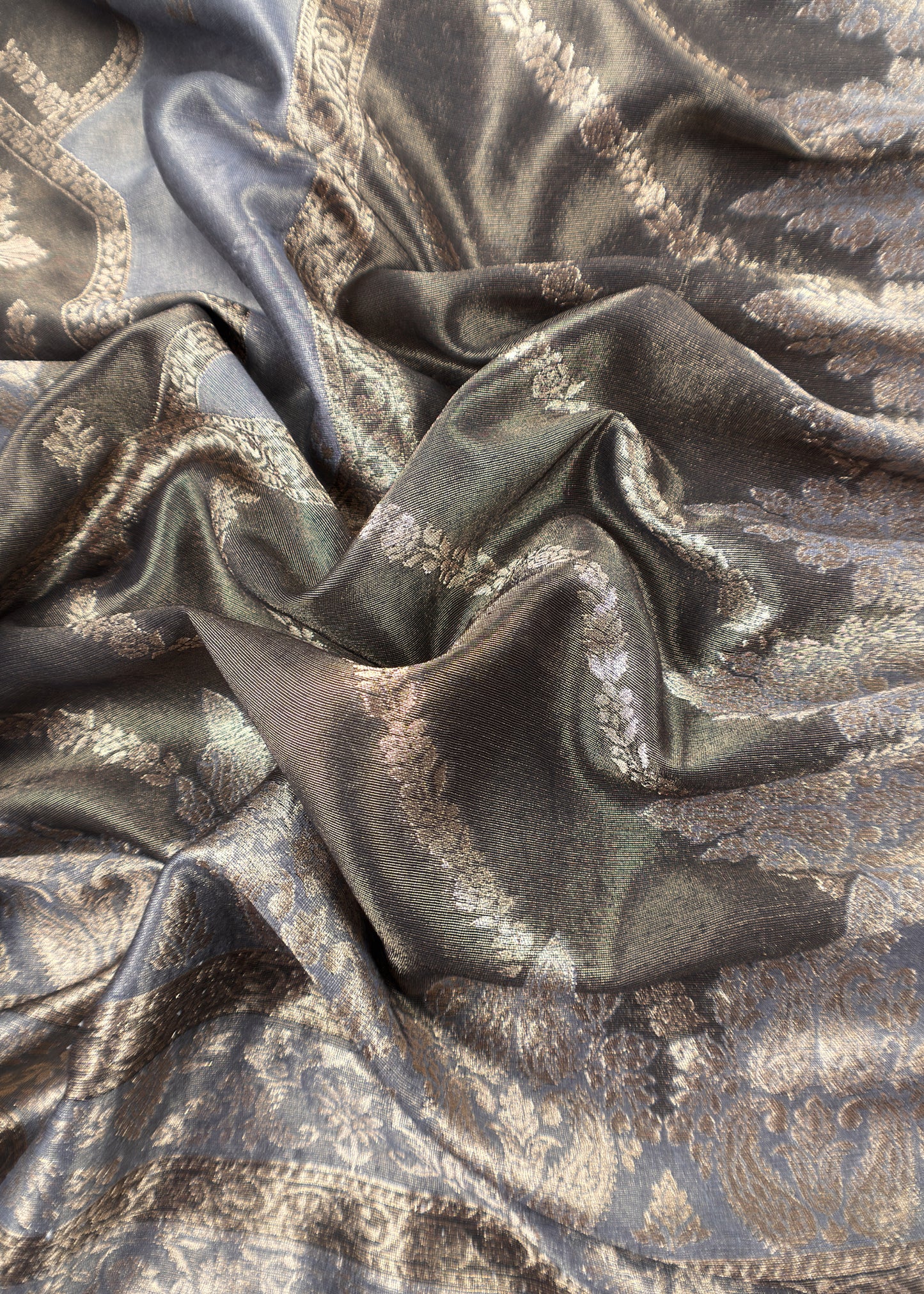 Charcoal Grey Pure Tissue Silk Unstitched Suit With Zari Weaving