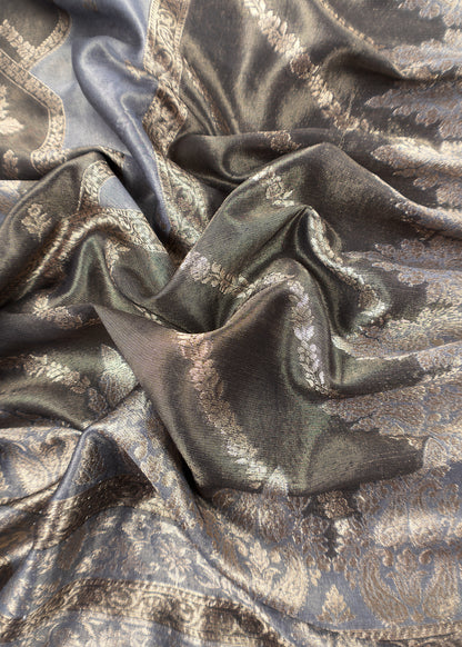 Charcoal Grey Pure Tissue Silk Unstitched Suit With Zari Weaving