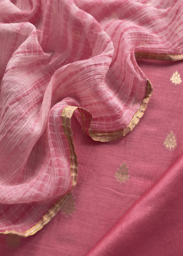 Pink Banarasi Chanderi Handloom Suit Set With Shibori Dupatta