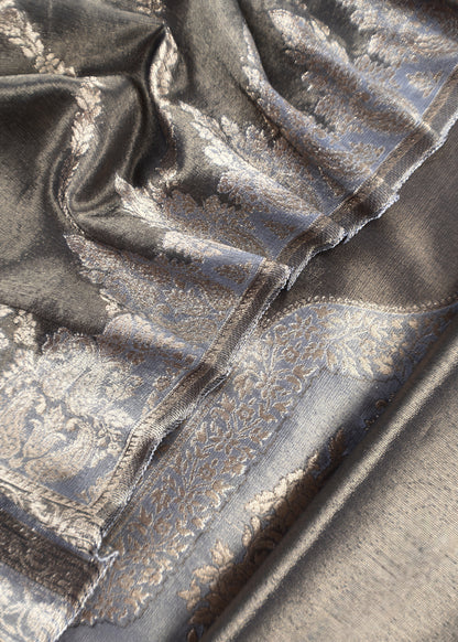 Charcoal Grey Pure Tissue Silk Unstitched Suit With Zari Weaving