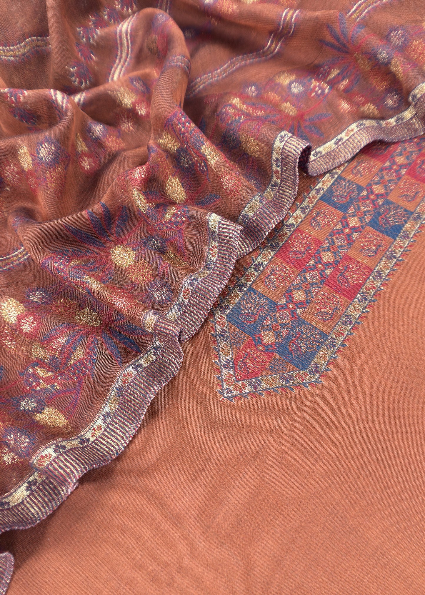 Rust Pure Silk Suit With Kani Gold Zari Weaving