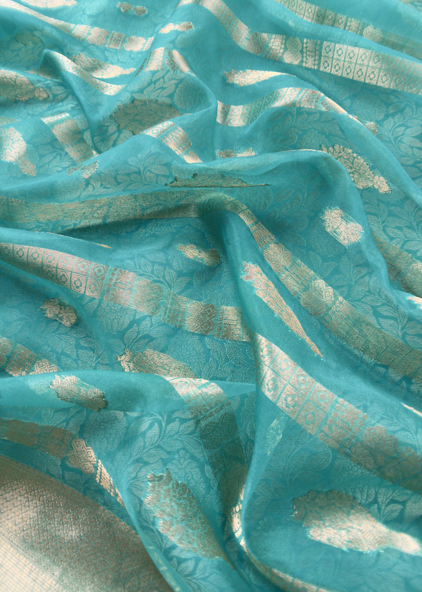 Blue Banarasi Silk Brocade Suit With Organza Dupatta