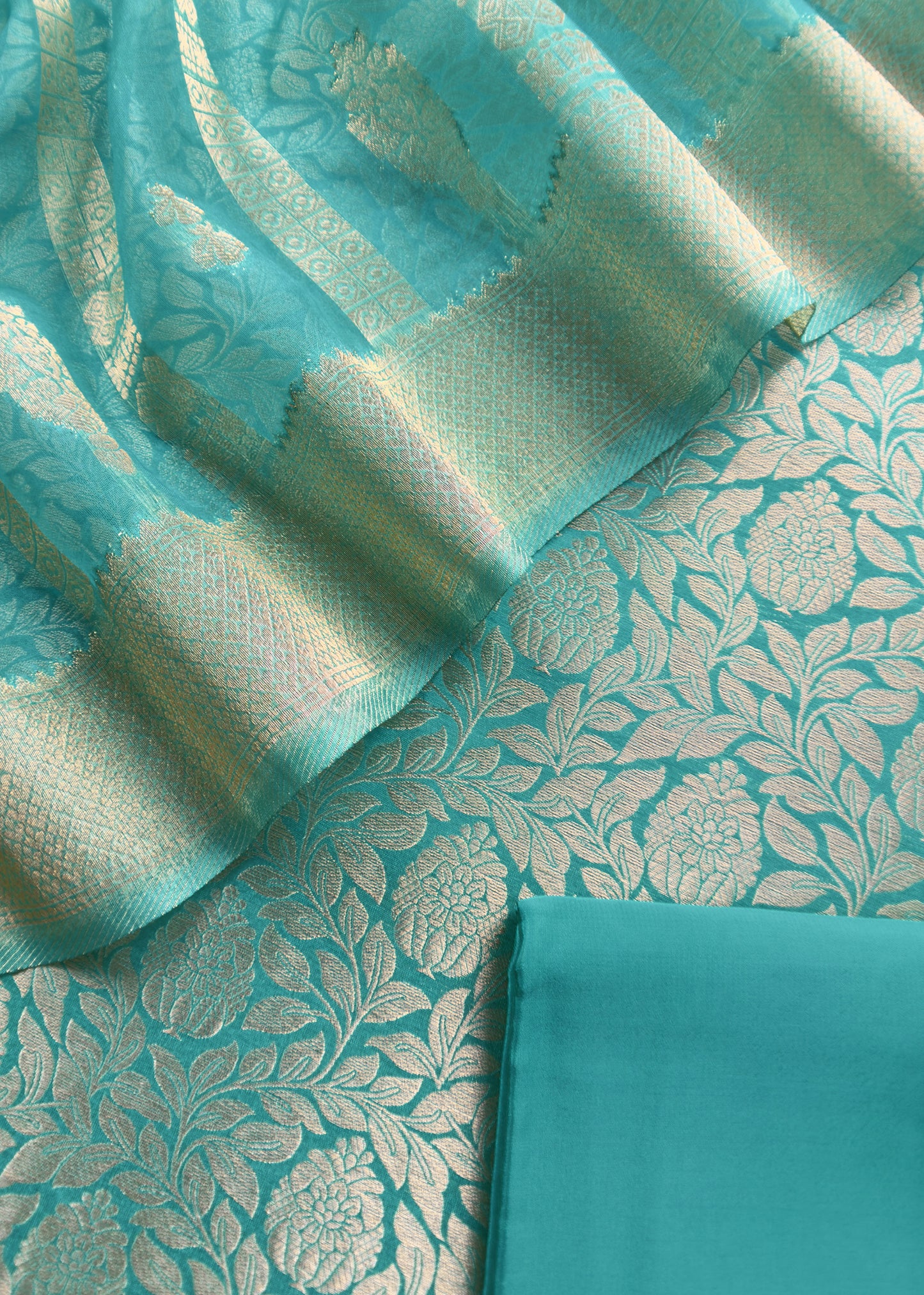 Blue Banarasi Silk Brocade Suit With Organza Dupatta