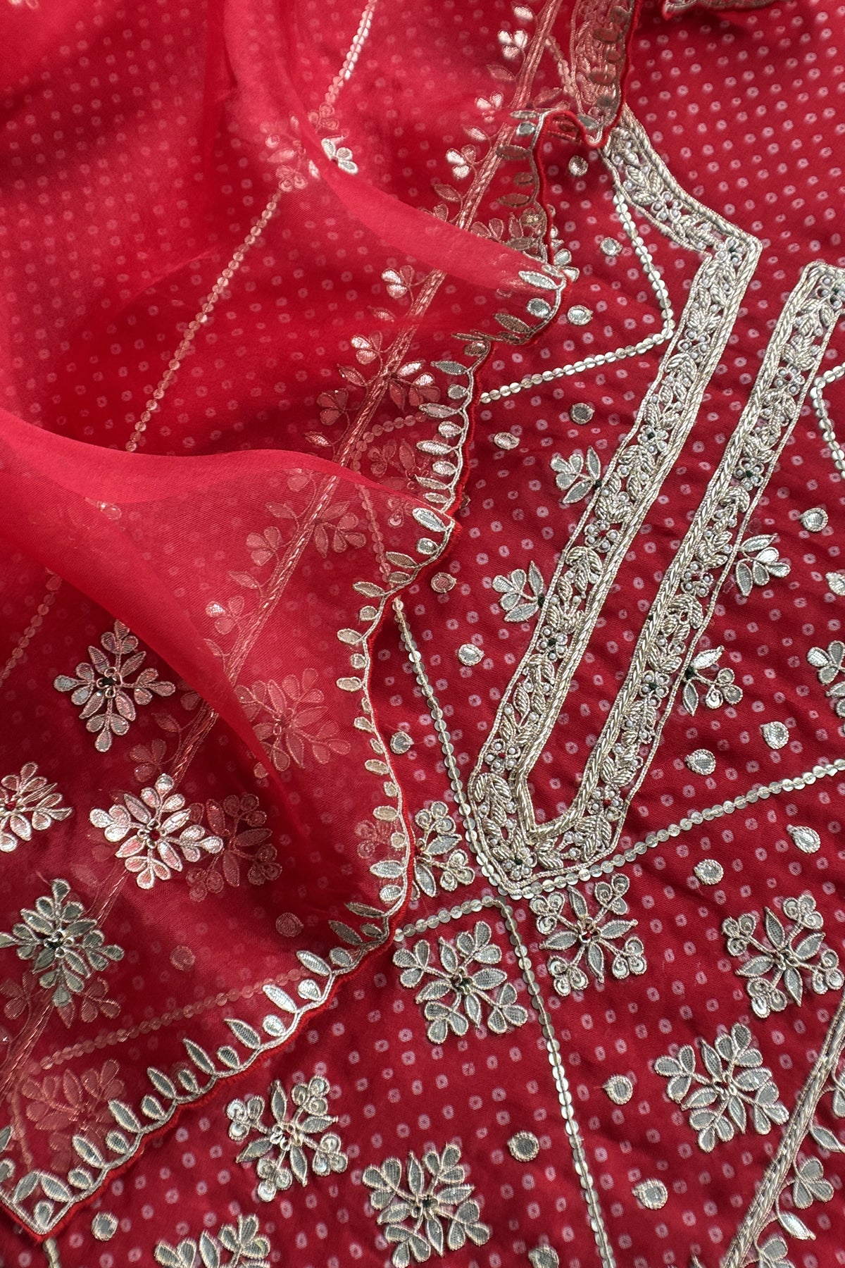 Red Pure Organza Suit With Gota Patti And Sequin Work