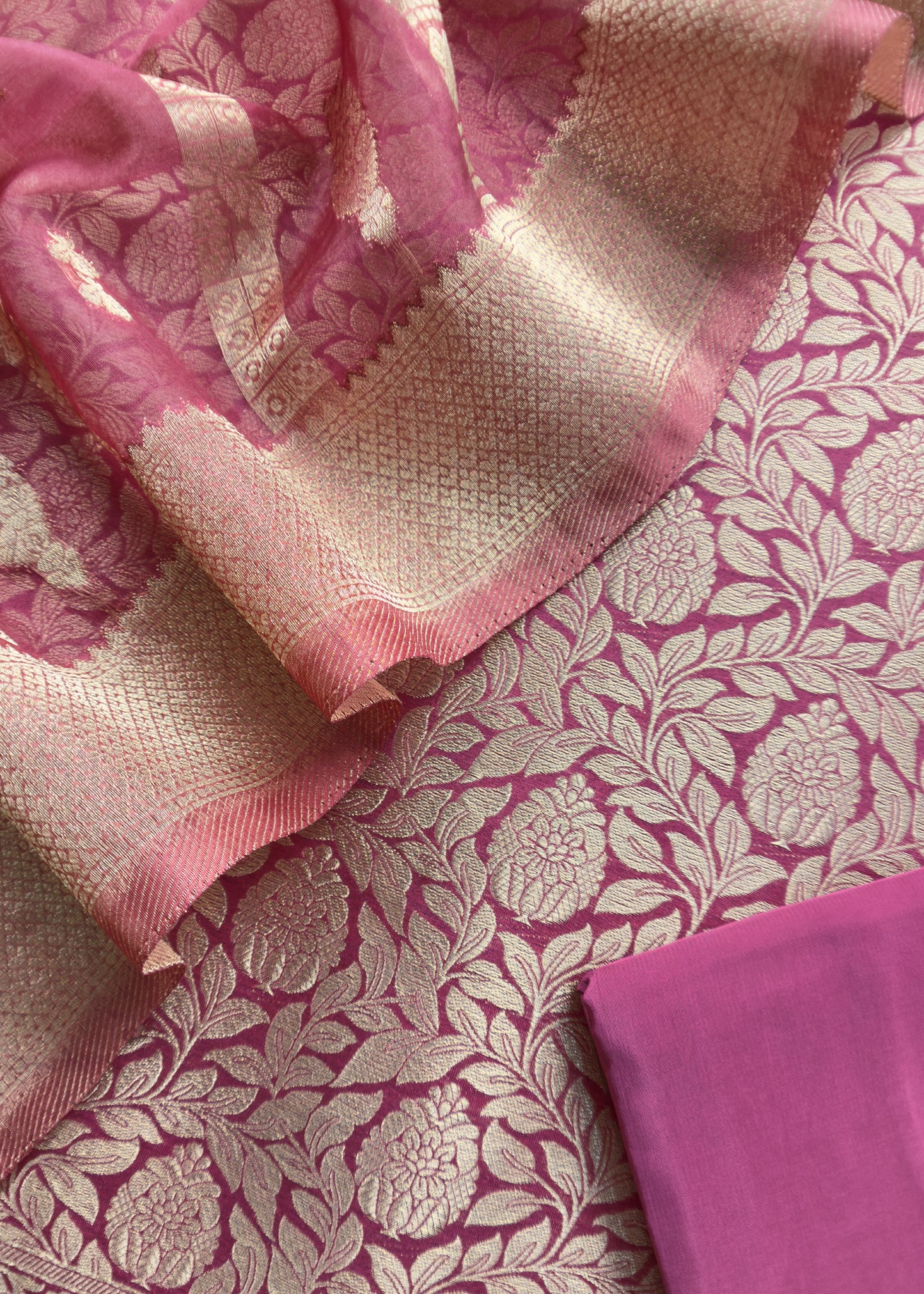 Pink Banarasi Silk Brocade Suit With Organza Dupatta