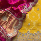 Rangreza Bandhani Yellow and Rani Pink Handloom Gajji Silk Suit with Weaving and Gotta Patti Handwork
