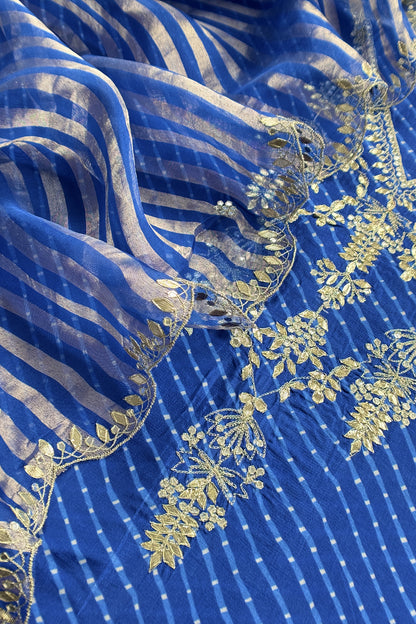 Dark blue Pure Silk Lehariya Suit with Gotta Patti Handwork