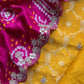 Rangreza Bandhani Yellow and Rani Pink Handloom Gajji Silk Suit with Weaving and Gotta Patti Handwork