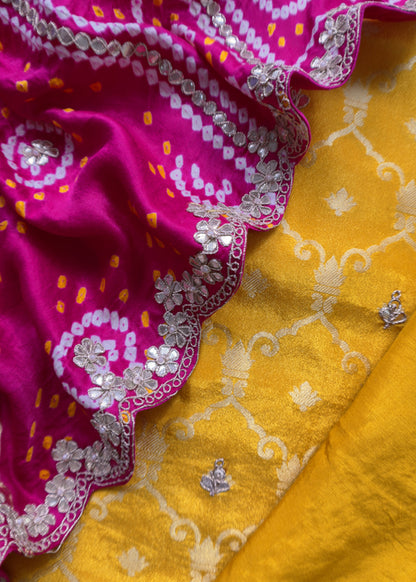 Rangreza Bandhani Yellow and Rani Pink Handloom Gajji Silk Suit with Weaving and Gotta Patti Handwork