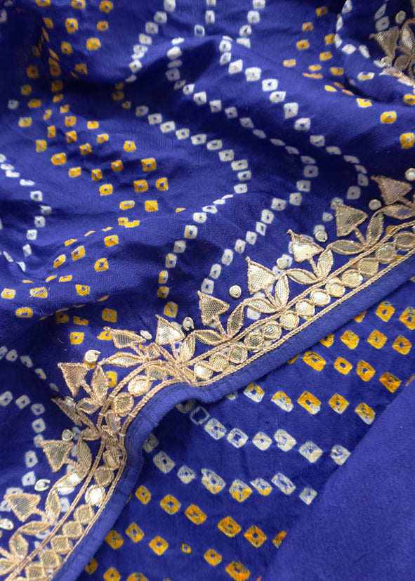 Rangreza Bandhej Blue Handloom Gajji Silk Suit With Weaving And Gota Patti Handwork