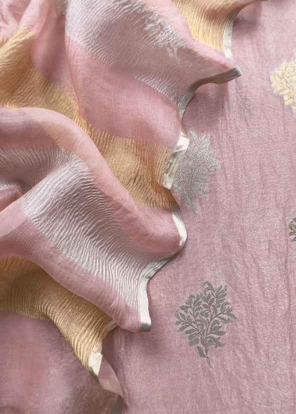 Neon Pink Handloom Banarasi Unstitched Suit In Kora Tissue Silk