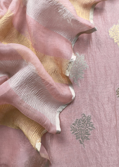 Neon Pink Handloom Banarasi Unstitched Suit In Kora Tissue Silk
