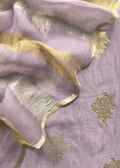 Iris Purple Handloom Banarasi Unstitched Suit In Kora Tissue Silk
