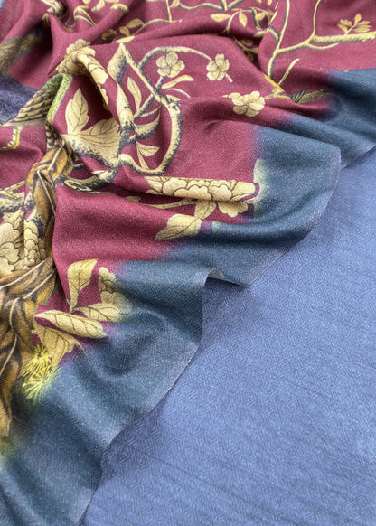 Blue Pure Pashmina Unstitched Suits With Kalamkari Dupatta