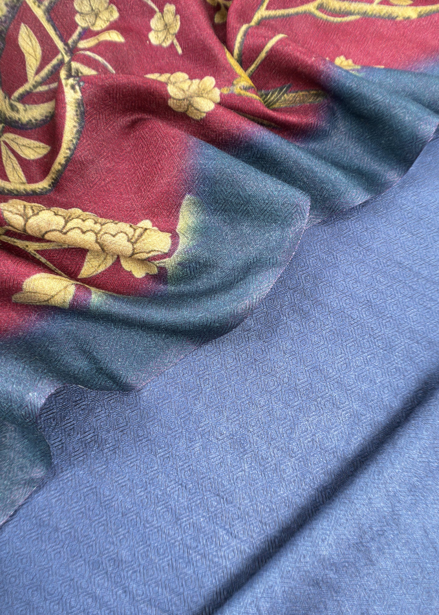 Blue Pure Pashmina Unstitched Suits With Kalamkari Dupatta