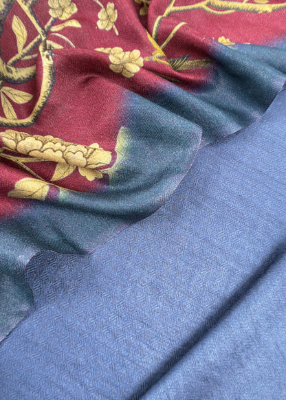 Blue Pure Pashmina Unstitched Suits With Kalamkari Dupatta