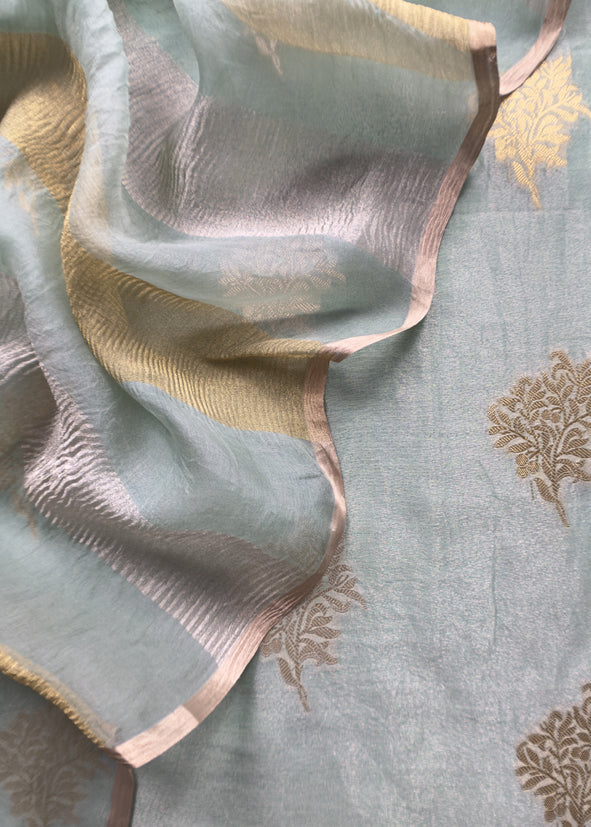 Sea Green Handloom Banarasi Unstitched Suit In Kora Tissue Silk