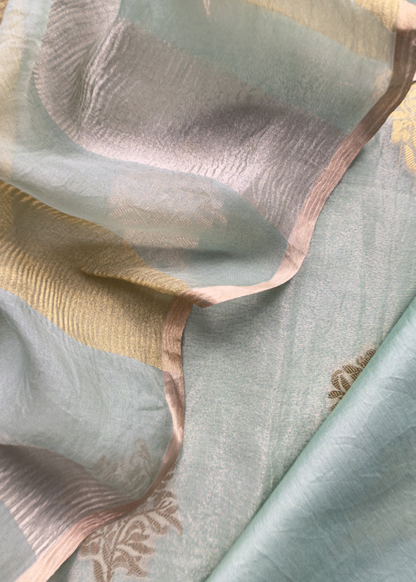 Sea Green Handloom Banarasi Unstitched Suit In Kora Tissue Silk
