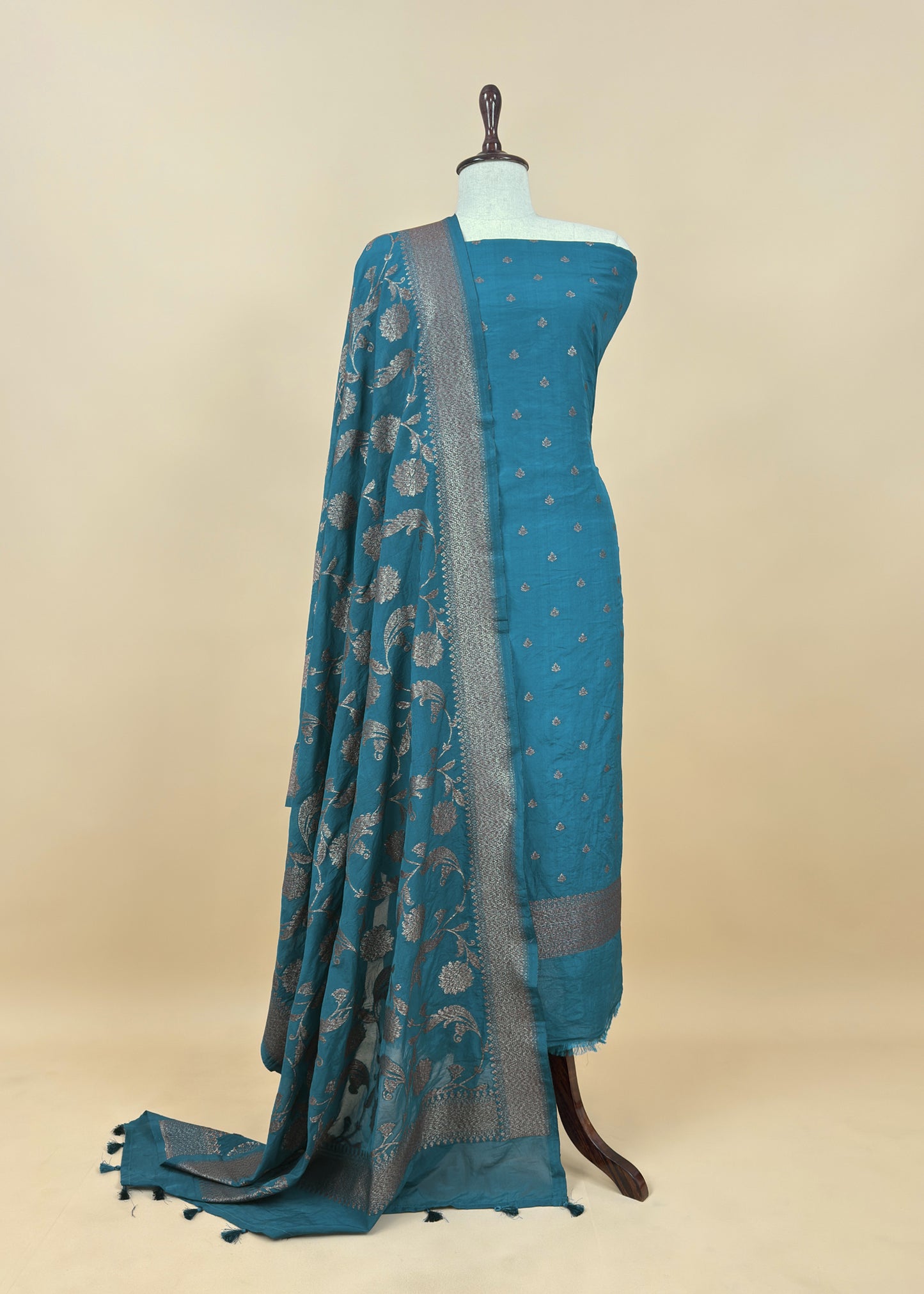 Steel Blue Georgette Silk Suit Fabric With Zari Weaving