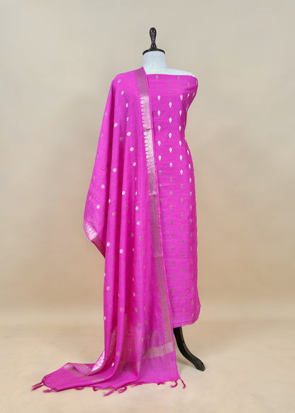 Pink Handloom Munga Silk Suit With Zari Weaving