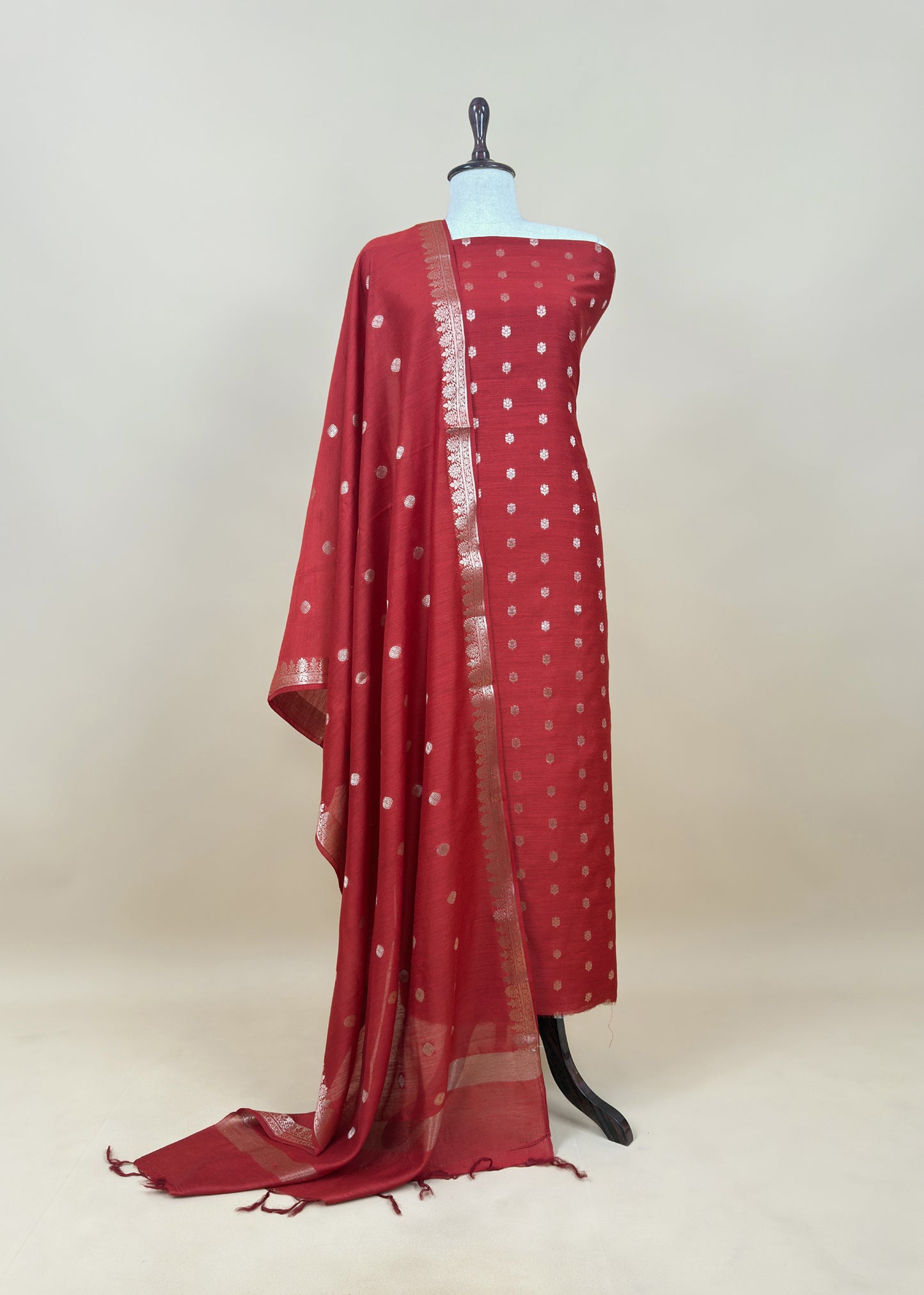 Red Handloom Munga Silk Suit With Zari Weaving