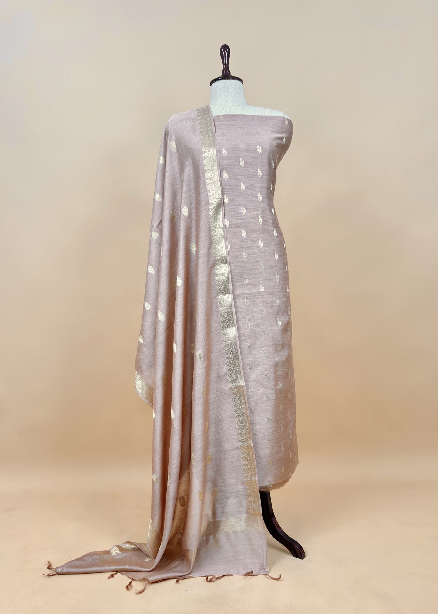 Beige Handloom Munga Silk Suit With Zari Weaving