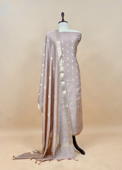 Beige Handloom Munga Silk Suit With Zari Weaving