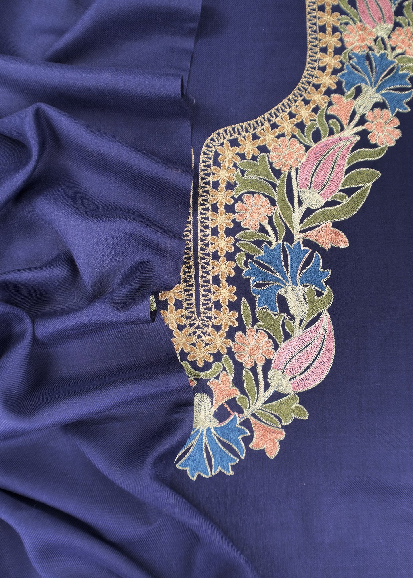 Royal Blue Winters Pure Merino Wool Suit Fabric With Phool Aari Embroidery