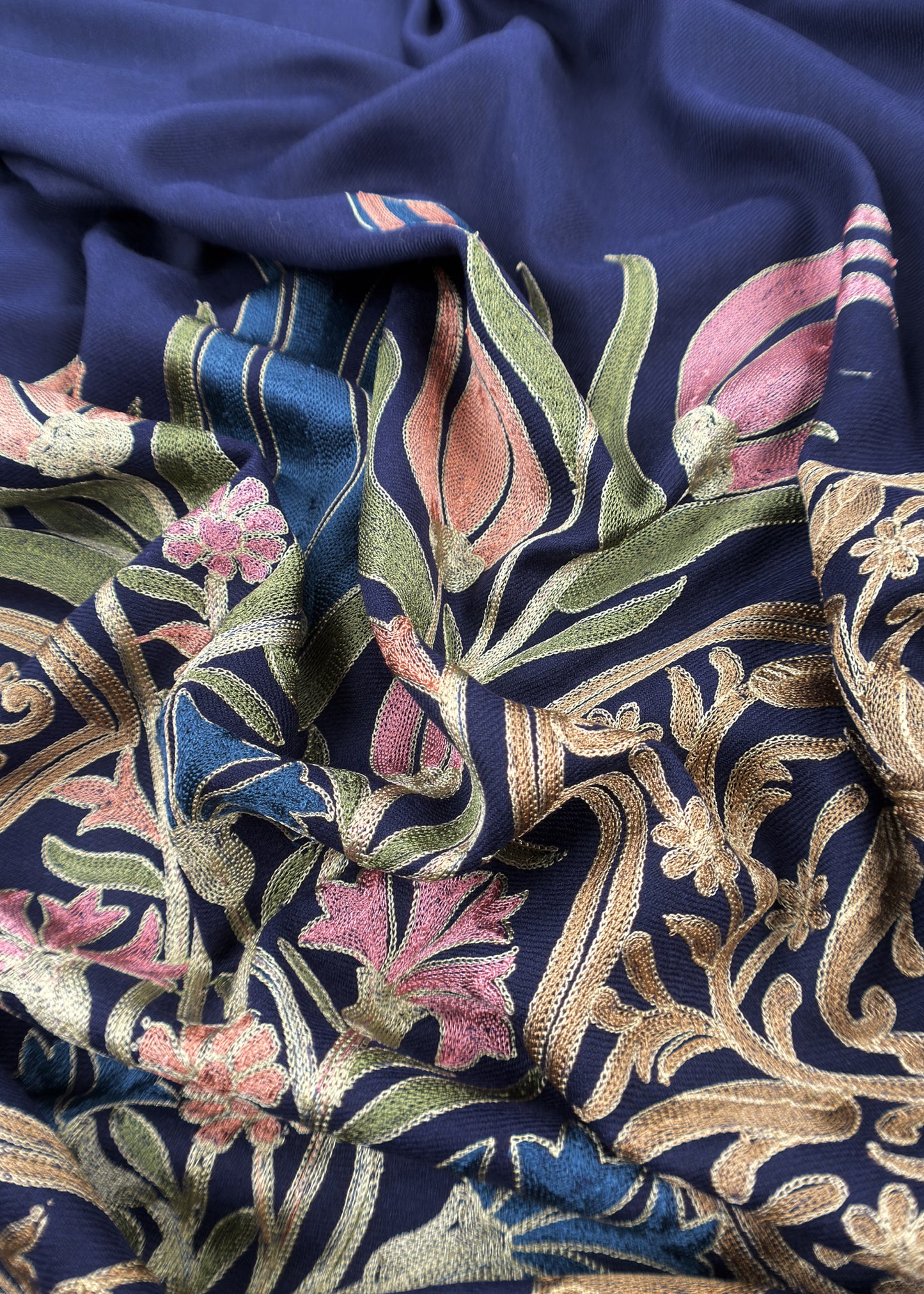 Royal Blue Winters Pure Merino Wool Suit Fabric With Phool Aari Embroidery