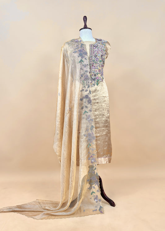 Luxe Gold Handloom Tissue Silk Suit Fabric With Dori Dabka Handwork
