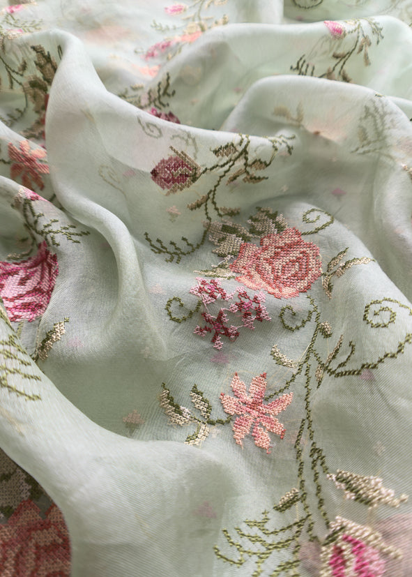 Sea Green Pure Mul Chanderi Suit With Resham Thread Embroidered