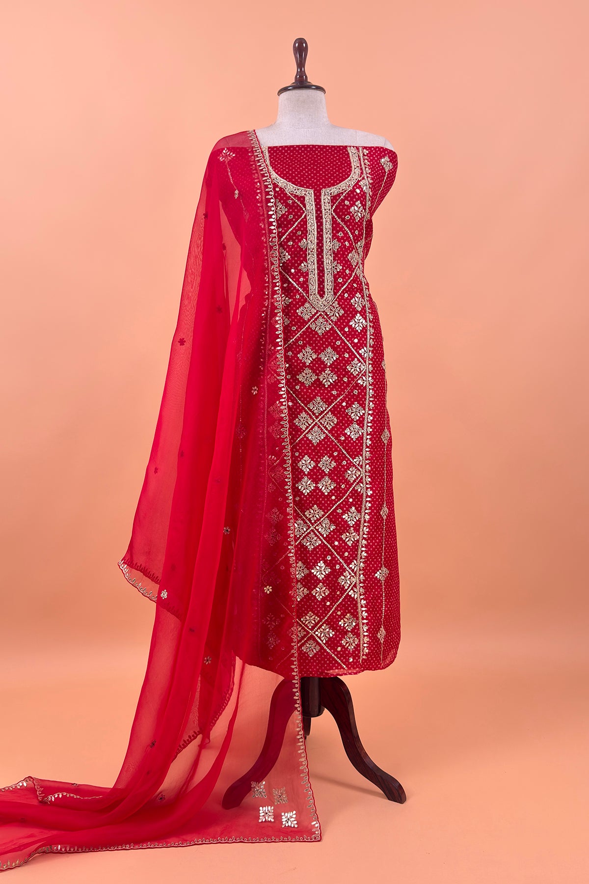 Red Pure Organza Suit With Gota Patti And Sequin Work