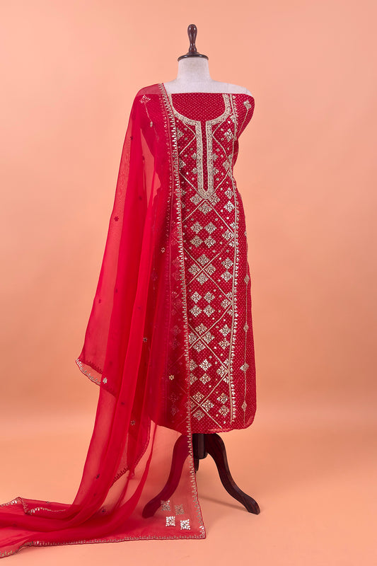 Red Pure Organza Suit With Gota Patti And Sequin Work
