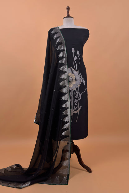 Black Handloom Silk Suit With Organza Dupatta In Kadwa Motif
