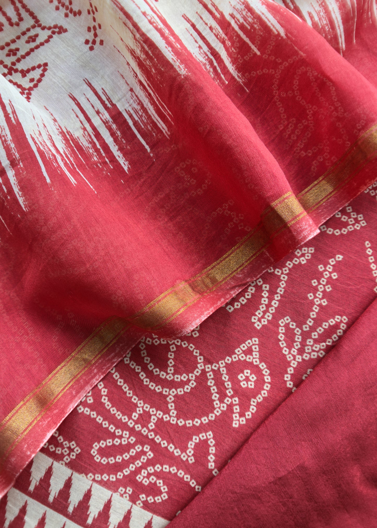 Red Pure Maheshwari Silk Suit Fabric With Bandhani Dupatta