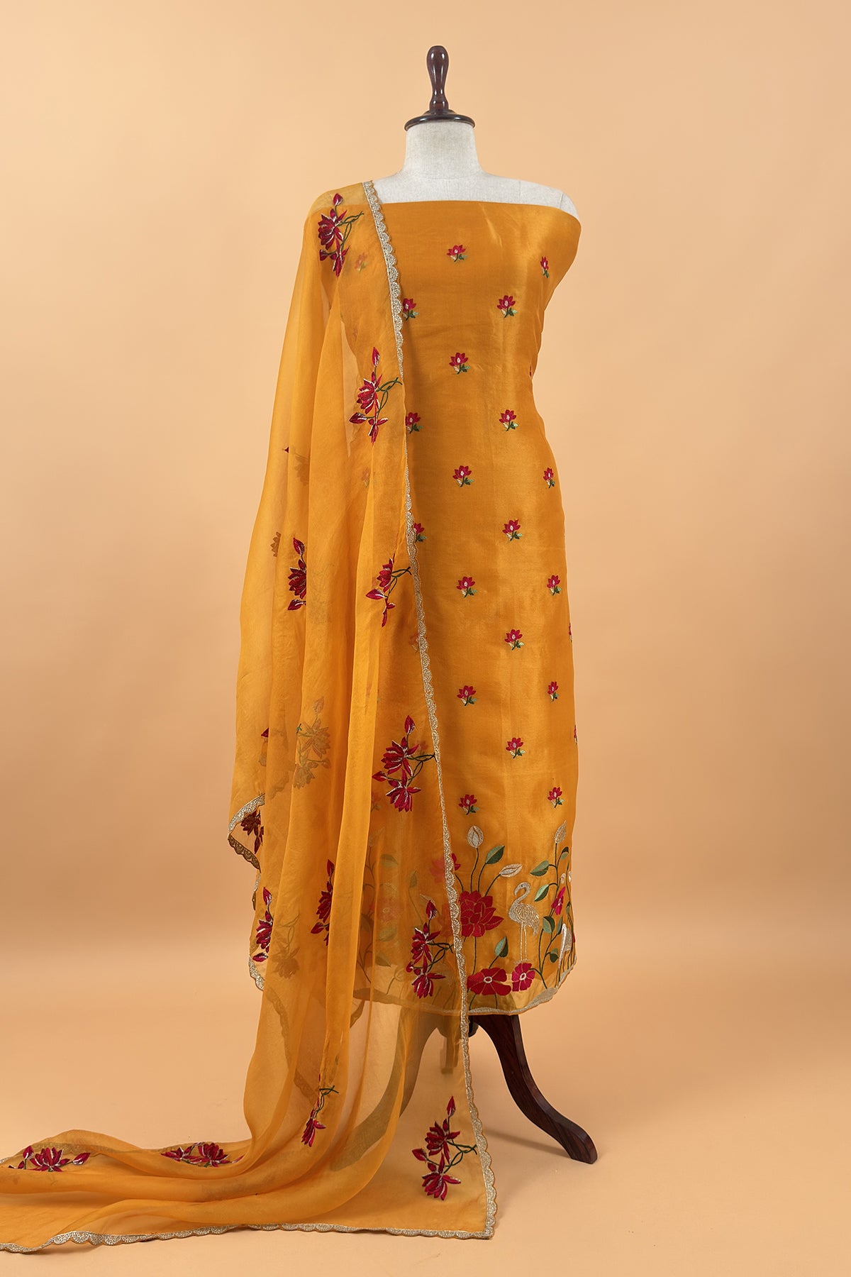 Pure handloom kora silk suit with resham embroidery

