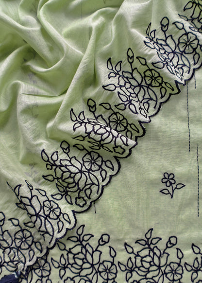 Olive Green Mul Chanderi Suit With Embroidery
