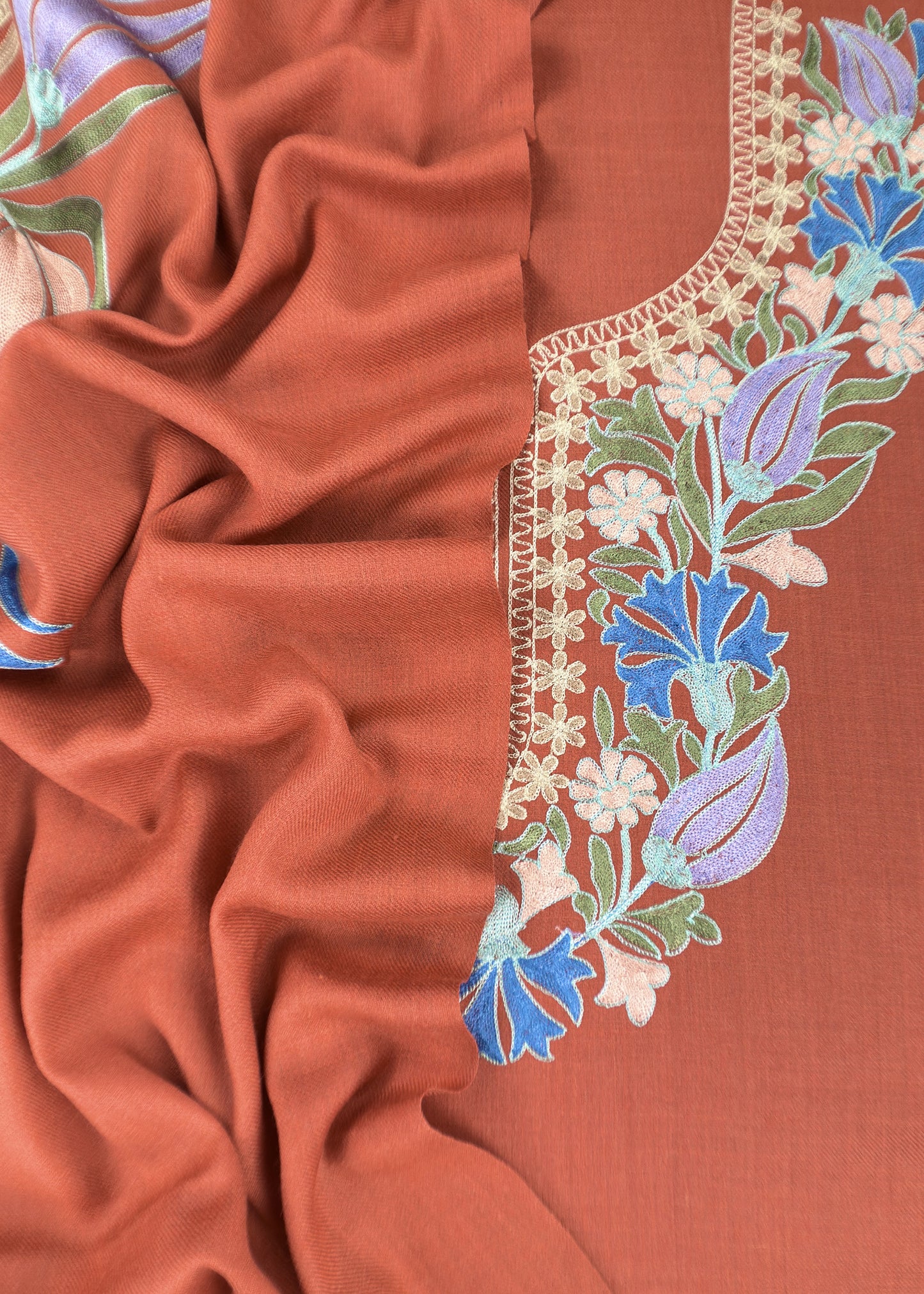 Rust Winters Pure Merino Wool Suit Fabric With Phool Aari Embroidery