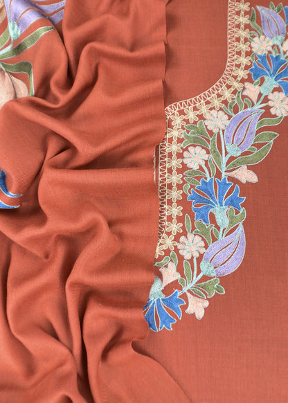 Rust Winters Pure Merino Wool Suit Fabric With Phool Aari Embroidery