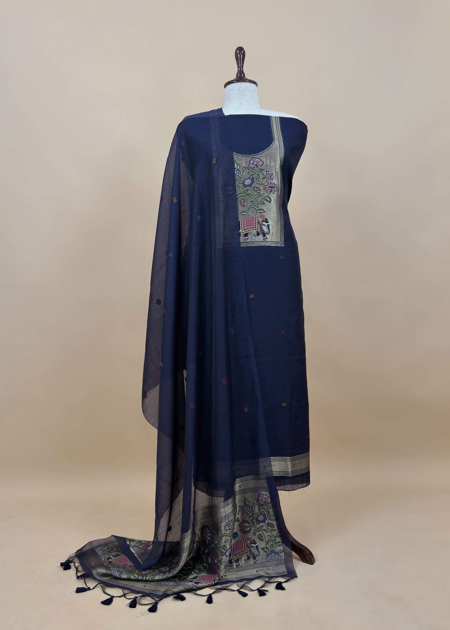 Navy Blue Jamdani Woven Unstitched Suit With Paithani Work