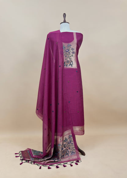 Wine Jamdani Woven Unstitched Suit With Paithani Work