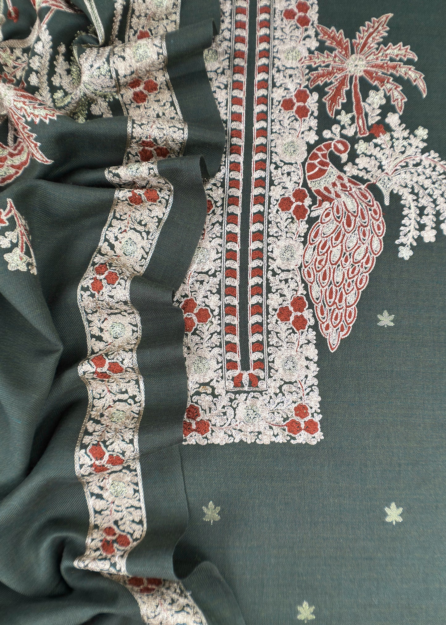 Bottle Green Pure Merino Wool Unstitched Suit With Aari Embroidery