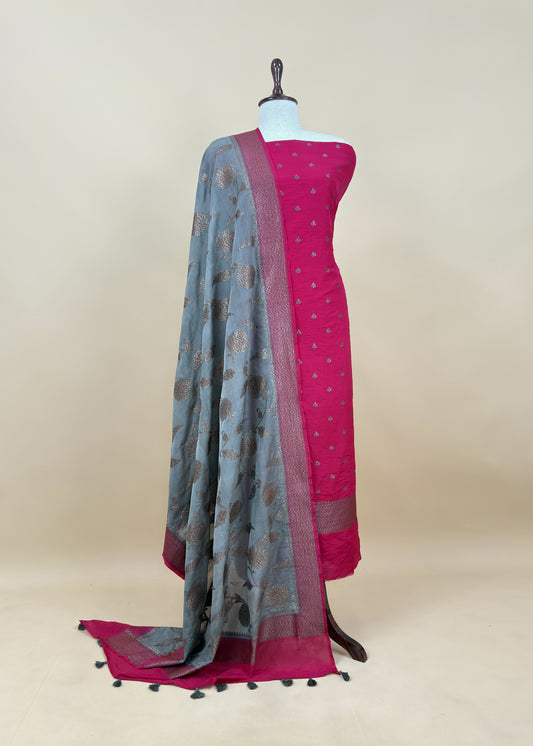 Pink And Grey Contrast Banarasi Silk Suit Fabric With Zari Weaving